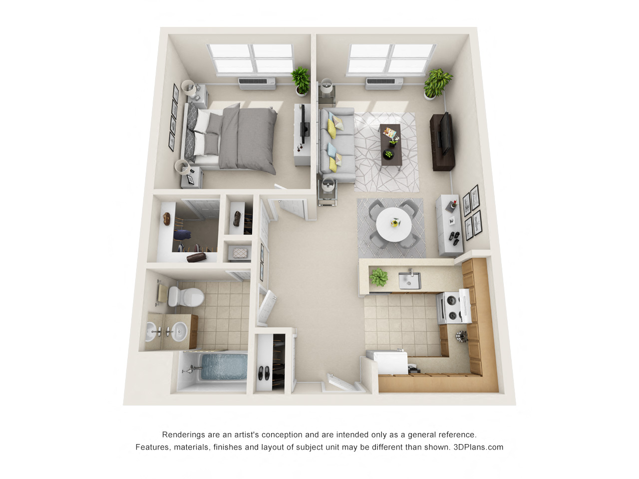 Floor plan for 1 bed, 1 bath, 750 sqft
